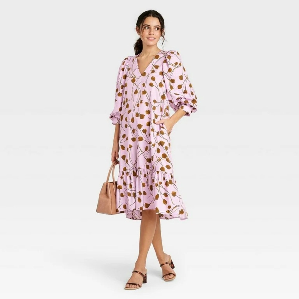A New Day Women's Floral Print Long Sleeve Ruffle Hem Dress